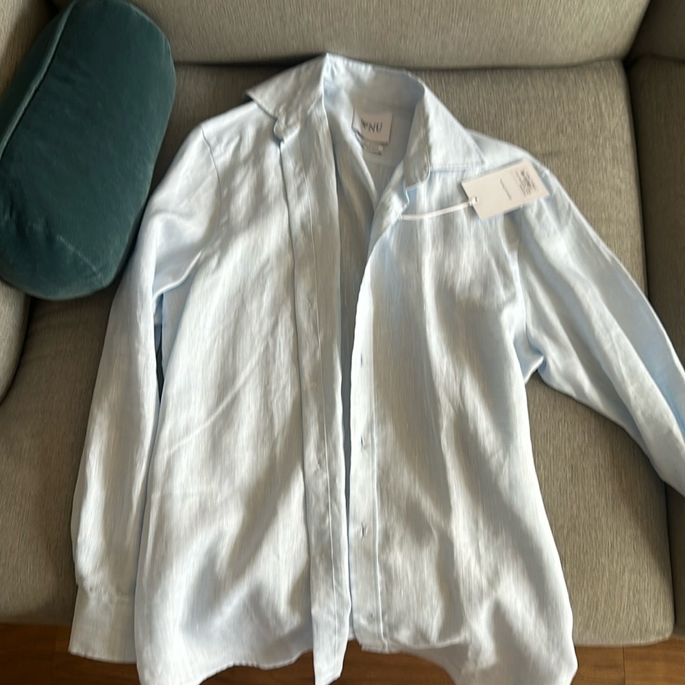 WNU with nothing underneath boyfriend shirt in periwinkle blue